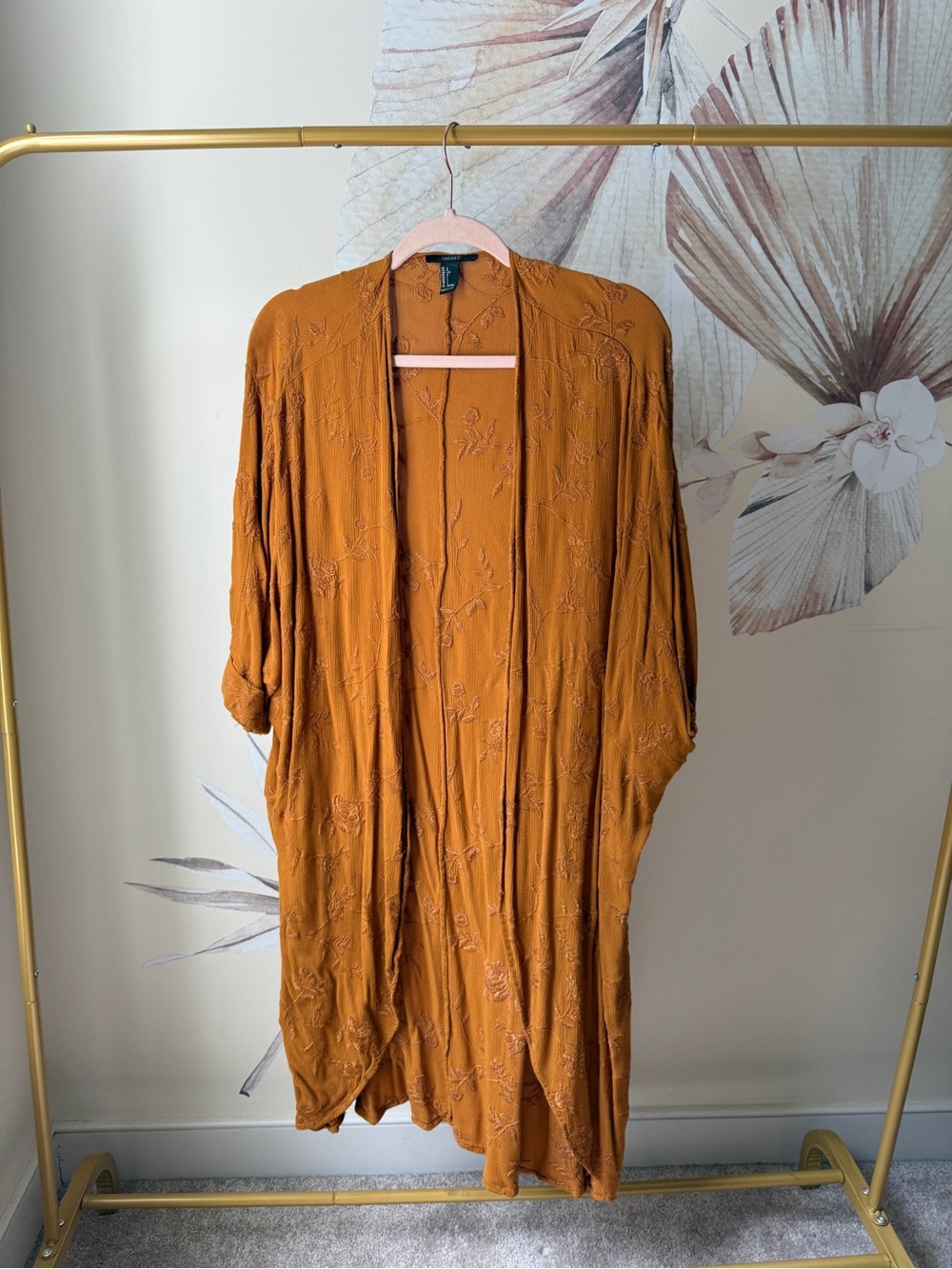 Forever 21 Rust Orange Embroidered Open-Front Duster